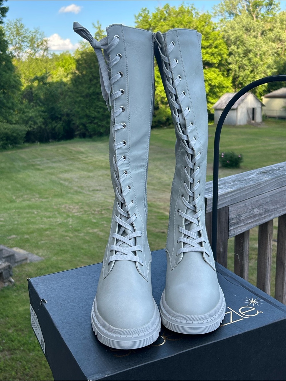 Shoe Dazzle Tall Lace-Up Boots in Light Gray vapor blue